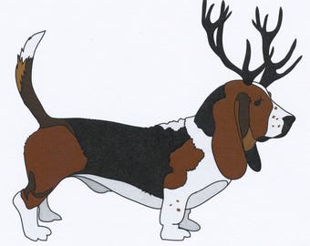 Illustrated Deer Basset Hound Blank Greetings Card
