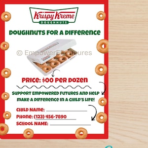Puede incluir: Un letrero rojo y blanco de Krispy Kreme Doughnuts con el texto "DOUGHNUTS FOR A DIFFERENCE". El letrero incluye una caja de donuts glaseados y el texto "SUPPORT EMPOWERED FUTURES AND HELP MAKE A DIFFERENCE IN A CHILD'S LIFE!"