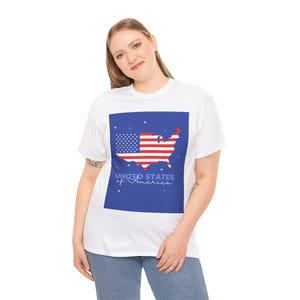 Patriotisches USA-Karten-T-Shirt, Unisex-T-Shirt aus schwerer Baumwolle, Freizeitkleidung, Unabhängigkeitstag, Reise-Souvenir, Geschenk für Sie/Ihn