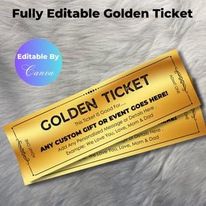 Bearbeitbare goldene Ticketvorlage - Elegante Einladung, Weihnachtsgutschein, Veranstaltungskarte, Konzertgutschein, benutzerdefinierter Gutschein, druckbares Ticketgeschenk