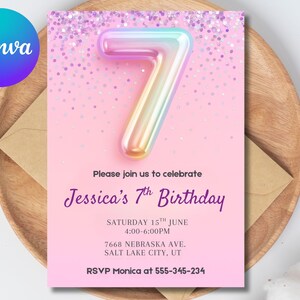 Editable Invitation Glitter 7th Birthday, Glitter Birthday, Rainbow Foil Number, Pink Invitation, Princess Birthday, Girl Seventh Birthday