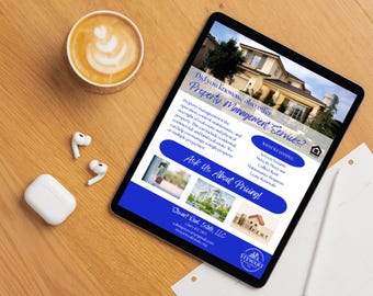 May include: A digital tablet displays a property management services advertisement with a blue and white design. The tablet is on a wooden surface, accompanied by a cup of coffee, wireless earbuds, and a charging case.