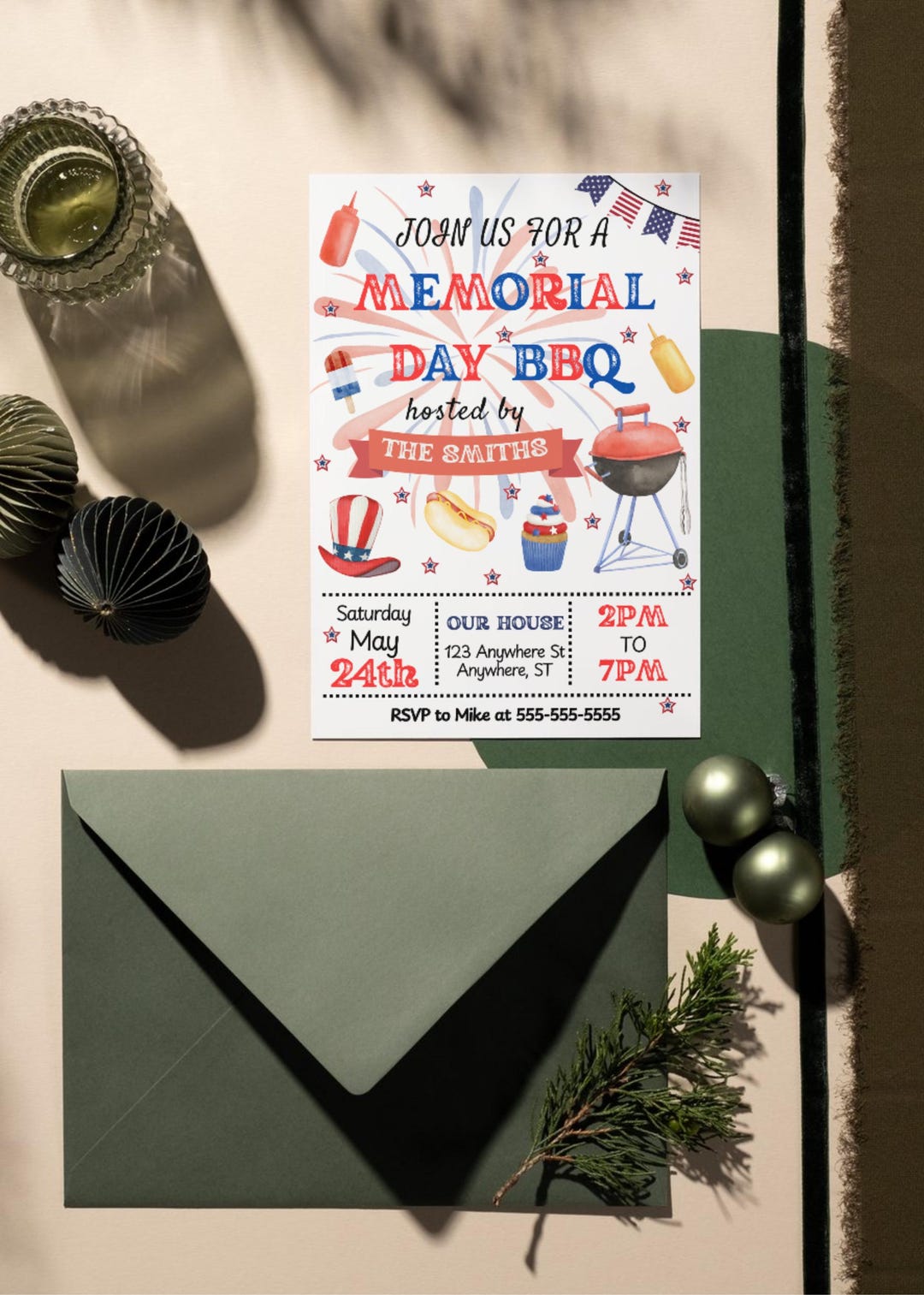 Memorial Day BBQ Invitation Template - 4th of July Summer Party Invite ...