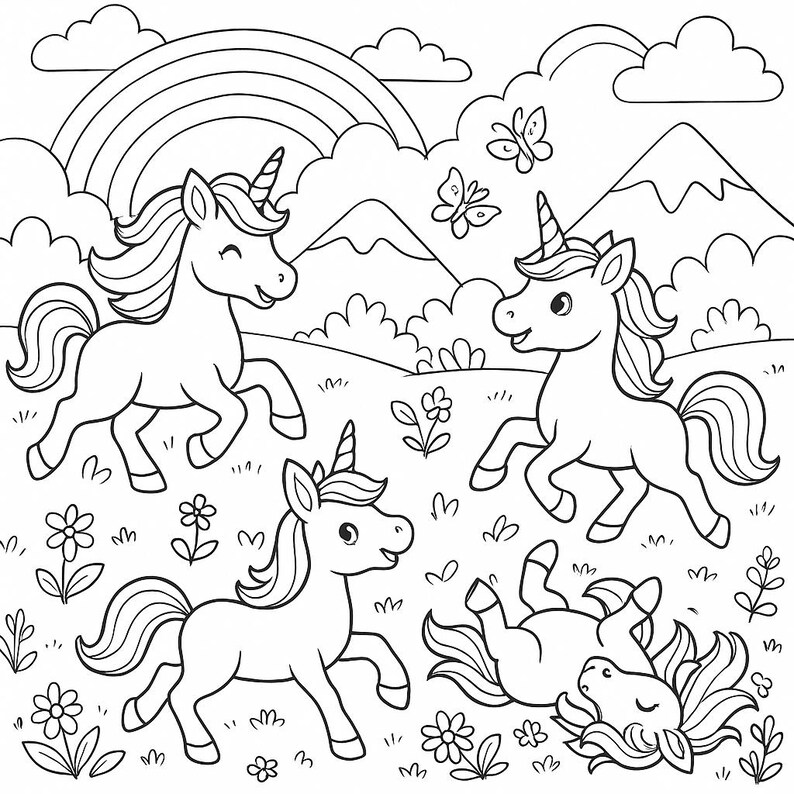 May include: A black and white illustration of four unicorns in a field with a rainbow, mountains, clouds, butterflies, and flowers. One unicorn is rolling on its back. The other three are prancing.