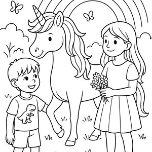 May include: Black and white line art illustration of a unicorn, a boy, and a girl. The girl holds flowers, and the boy wears a t-shirt with a dinosaur graphic. A rainbow and clouds are in the background.