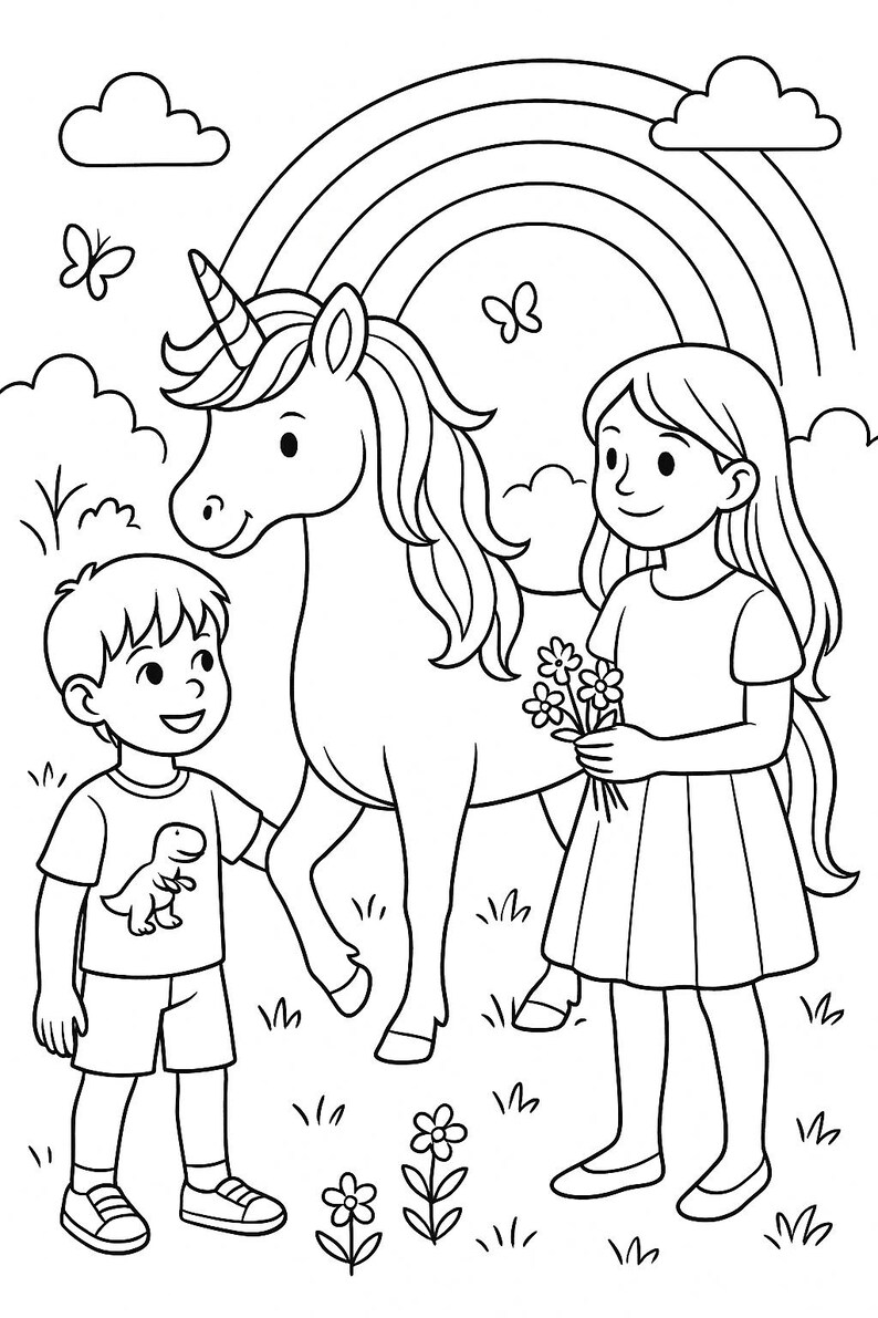 May include: Black and white line art illustration of a unicorn, a boy, and a girl. The girl holds flowers, and the boy wears a t-shirt with a dinosaur graphic. A rainbow and clouds are in the background.