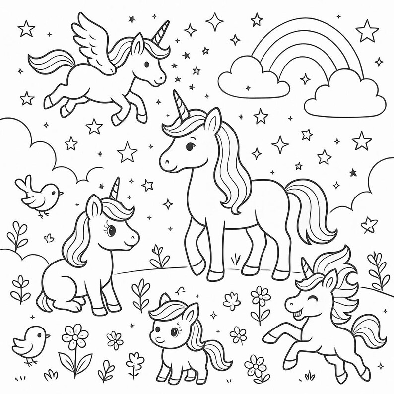 May include: Black and white line art illustration of several unicorns in a whimsical scene. One unicorn has wings, and others are depicted with stars, flowers, a rainbow, and clouds. The image is suitable for coloring.