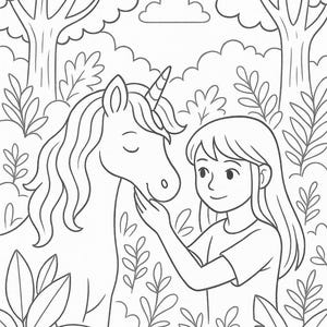 May include: Line art illustration of a girl gently touching a unicorn's face in a forest setting. The unicorn has a long flowing mane and a spiraled horn. Trees and foliage surround the figures, creating a whimsical scene.