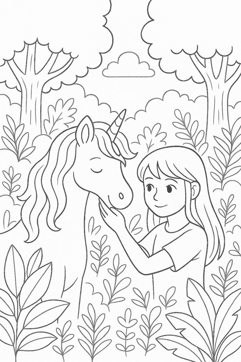 May include: Line art illustration of a girl gently touching a unicorn's face in a forest setting. The unicorn has a long flowing mane and a spiraled horn. Trees and foliage surround the figures, creating a whimsical scene.