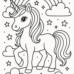 May include: Line art illustration of a unicorn with a rainbow, clouds, and stars. The unicorn has a flowing mane and tail, a spiraled horn, and is standing on a grassy area. The image is in black and white.