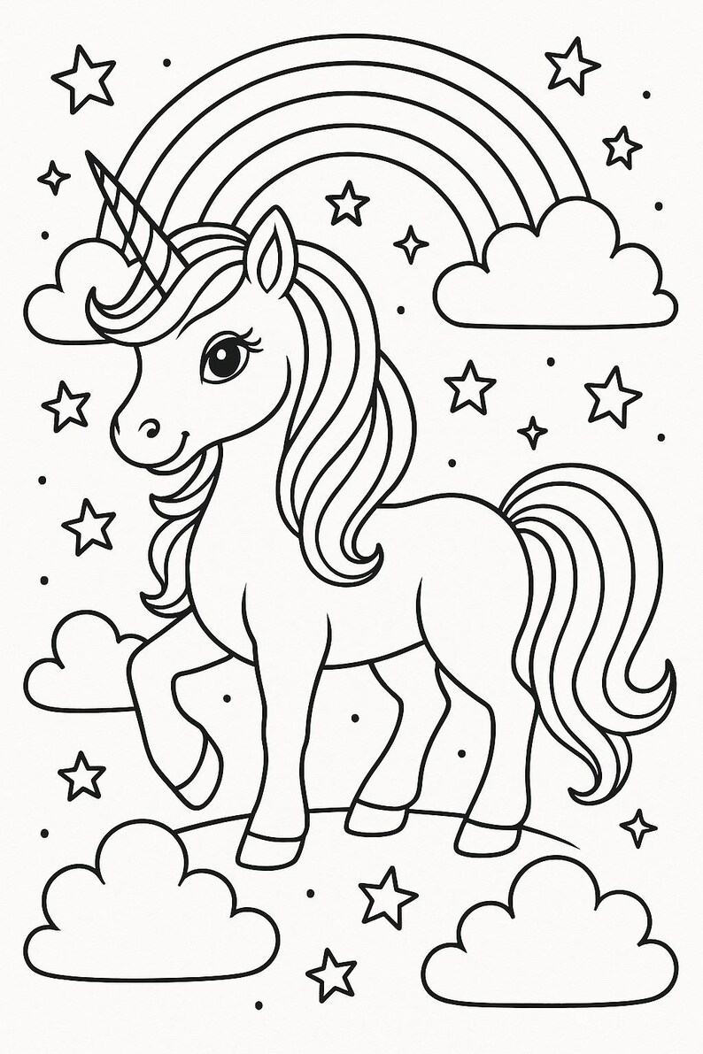 May include: Line art illustration of a unicorn with a rainbow, clouds, and stars. The unicorn has a flowing mane and tail, a spiraled horn, and is standing on a grassy area. The image is in black and white.