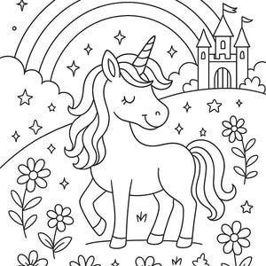 May include: Black and white line art illustration of a unicorn with a rainbow, castle, flowers, and stars. The unicorn has a flowing mane and tail, and a spiraled horn. The background includes a rainbow, a castle, and various stars.
