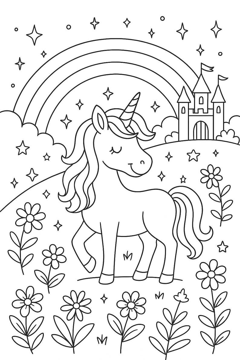May include: Black and white line art illustration of a unicorn with a rainbow, castle, flowers, and stars. The unicorn has a flowing mane and tail, and a spiraled horn. The background includes a rainbow, a castle, and various stars.