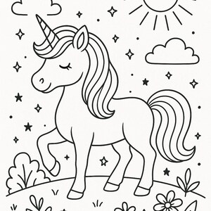 May include: A black and white line drawing of a unicorn with a horn, mane, and tail. The unicorn is standing on a grassy hill with flowers and stars in the background. A sun and clouds are also in the background.