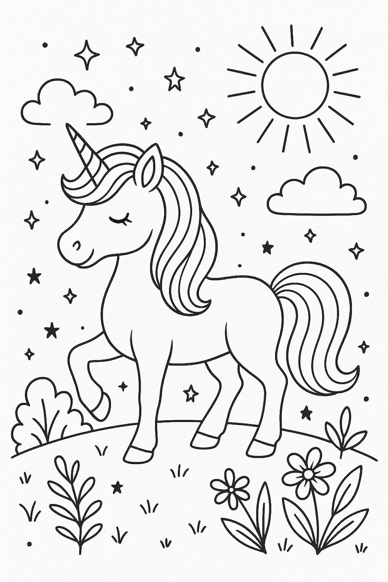 May include: A black and white line drawing of a unicorn with a horn, mane, and tail. The unicorn is standing on a grassy hill with flowers and stars in the background. A sun and clouds are also in the background.