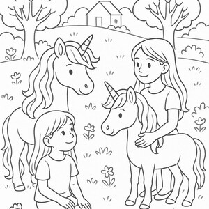 May include: Black and white line art illustration of a whimsical scene. Two girls interact with two unicorns in a field with flowers, trees, and a small house. A chicken and two rabbits are also present.