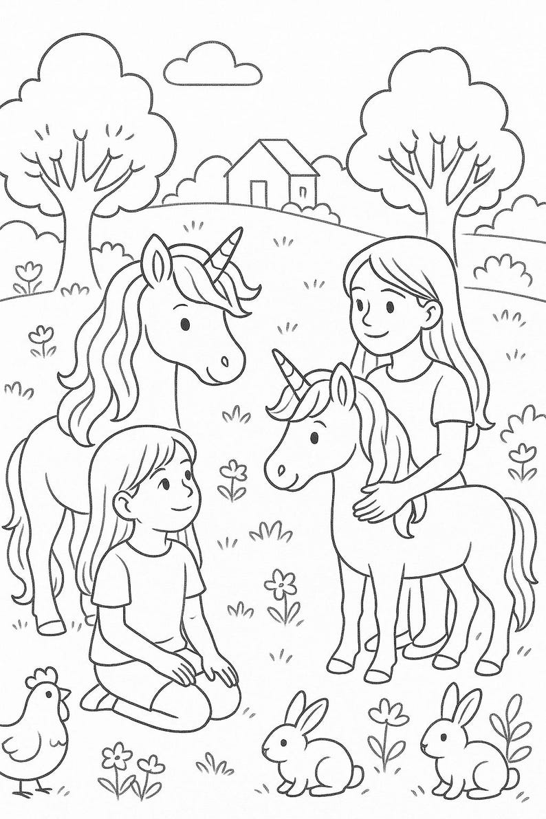 May include: Black and white line art illustration of a whimsical scene. Two girls interact with two unicorns in a field with flowers, trees, and a small house. A chicken and two rabbits are also present.