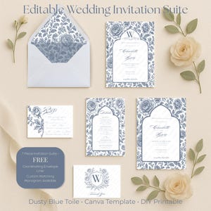 Blue Chinoiserie Wedding Invitation Template · Elegant Toile Printable Suite · Canva Editable RSVP, Details & More Toile