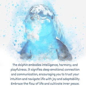May include: A watercolor illustration of a dolphin with a blue and white color scheme. The dolphin is facing upwards with its mouth open. The background is a light blue with white speckles.