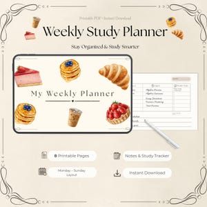 Könnte beinhalten: Eine digitale wöchentliche Studienplaner-Vorlage mit Aquarellillustrationen von Pfannkuchen, einem Croissant, einer Erdbeertorte, Käsekuchen und Eiskaffee. Der Planer enthält den Text Weekly Study Planner, My Weekly Planner und 8 Printable Pages.