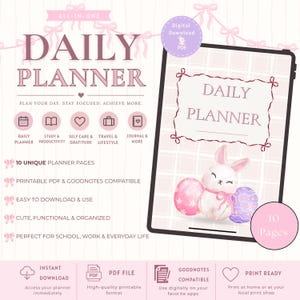 Könnte beinhalten: Eine digitale Tagesplaner-Vorlage mit einer Illustration eines weißen Kaninchens und rosa sowie lila Ostereiern. Das Layout enthält den Text DAILY PLANNER, PLAN YOUR DAY. STAY FOCUSED. ACHIEVE MORE., 10 UNIQUE PLANNER PAGES und 10 Pages.