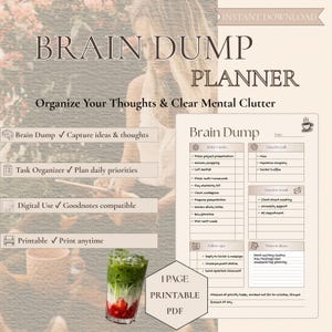 Könnte beinhalten: Eine digitale Brain Dump Planer-Seite mit Abschnitten für Aufgaben, Anrufe, E-Mails, Nachverfolgungen und Notizen. Das Layout enthält ein Kaffeetassen-Symbol, eine Datumszeile und Kontrollkästchen. Text lautet Brain Dump, Organize Your Thoughts & Clear Mental Clutter.