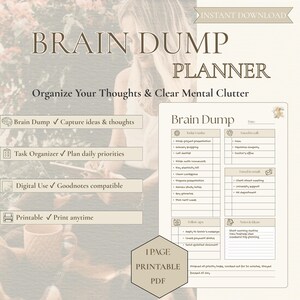 Könnte beinhalten: Eine digitale Brain Dump Planer-Vorlage in Beige und Weiß. Das Dokument enthält Abschnitte für Tagesaufgaben, Anrufe, E-Mails, Nachverfolgungen sowie Notizen und Ideen. Es ist als druckbare PDF-Datei mit einer Seite gekennzeichnet.