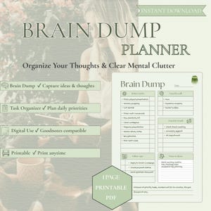 Könnte beinhalten: Eine digitale Brain-Dump-Planervorlage in hellgrünem Farbschema. Das Layout enthält Abschnitte für tägliche Aufgaben, Anrufe, E-Mails, Nachfassaktionen und Notizen. Der Text lautet Brain Dump Planner, Organize Your Thoughts & Clear Mental Clutter.