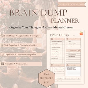 Könnte beinhalten: Eine digitale Brain-Dump-Planerseite mit Abschnitten für Aufgaben, Anrufe, E-Mails und Notizen. Das Layout enthält ein Pfirsich-Symbol, Kontrollkästchen und Schreibzeilen. Text umfasst Brain Dump, Today's tasks, Need to call, Need to email und Notes & Ideas.