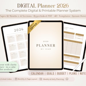 2026 Digital Planner for Goodnotes iPad & Android – Aesthetic Minimalist Daily Journal – Hyperlinked Academic Planner 2026, Mid-Year Reset T