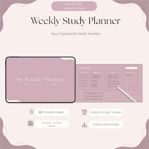 Könnte beinhalten: Ein digitaler wöchentlicher Studienplaner in Altrosa. Das Layout umfasst eine Titelseite mit der Aufschrift My Weekly Planner und eine Montags-Zeitplanseite mit Spalten für Uhrzeit, Fach, Thema und Lernaufgaben sowie einen Notizbereich.