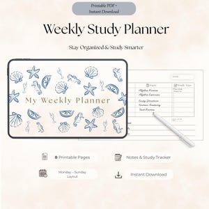 Könnte beinhalten: Ein digitaler wöchentlicher Studienplaner mit einem Muster aus blauen Muscheln, Seesternen, Seepferdchen und Zitrusfrüchten auf hellem Grund. Der Text lautet Weekly Study Planner, Stay Organized & Study Smarter und My Weekly Planner mit 8 Seiten.