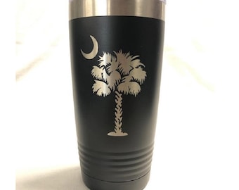 South Carolina Crescent Moon and Palmetto Tree Laser Engraved Travel Mug 18 Colors | 20 oz Polar Camel Insulated Stainless Steel | Beach Cup