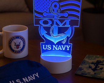 Sailor Light, Navy LED Light, Child's Personalized Acrylic LED Night Light, Custom LED Light Includes Free Matching Slate Coaster.