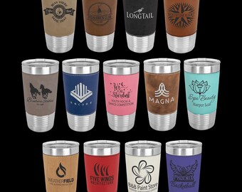 May include: Twelve stainless steel tumblers with various designs and colors. Each tumbler has a leather-like wrap with a personalized design. The designs include a coffee cup, a boat, a fish, a longtail, a compass, a horse, a building, a star, a flower, a lotus, a fire, a building, a paint brush, and a basketball.