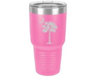 South Carolina Crescent Moon and Palmetto Tree Laser Engraved Travel Mug 18 Colors | 30 oz Polar Camel Insulated Stainless Steel | Beach Cup