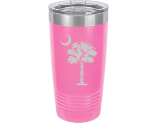 South Carolina Crescent Moon and Palmetto Tree Laser Engraved Travel Mug 18 Colors | 20 oz Polar Camel Insulated Stainless Steel | Beach Cup