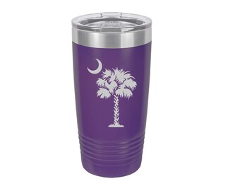South Carolina Crescent Moon and Palmetto Tree Laser Engraved Travel Mug 18 Colors | 20 oz Polar Camel Insulated Stainless Steel | Beach Cup
