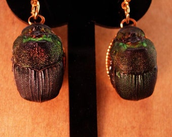 Vintage rare Iridescent Scarab Earrings / Egyptian revival / unusual insect set / Art deco earrings - gold bug / LARGE novelty Vintage gift