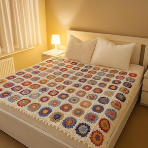 Motif de couverture au crochet , Carré de grand-mère , Couverture au crochet , Carré de grand-mère Sunburst , Bohème tropical , Bordure à pompons || MOTIF PDF