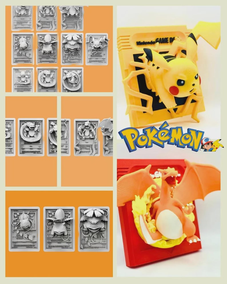 May include: A set of 3D printed Pokemon figures, including Pikachu, Charizard, and other Pokemon characters. The figures are designed to look like they are coming out of a vintage Nintendo Game Boy cartridge.