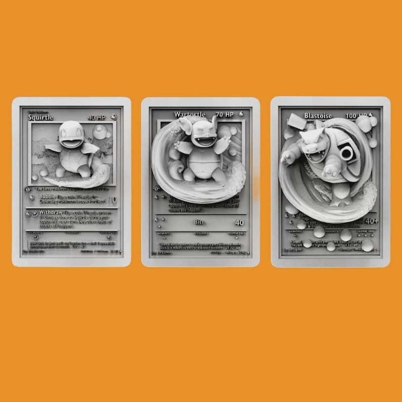 May include: Three white plastic Pokemon trading cards featuring Squirtle, Wartortle, and Blastoise. Each card has a 3D image of the Pokemon and text describing its stats and abilities.