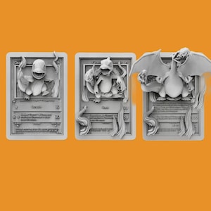 May include: Three 3D printed Pokemon cards featuring Charmander, Charmeleon, and Charizard. The cards are white and gray and have a textured surface. The Pokemon are depicted in a 3D style, with Charmander and Charmeleon standing on their hind legs and Charizard flying with its wings spread.