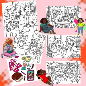 May include: A collection of black and white illustrations featuring various scenes of girls and women. The images include girls with a dog, at a cafe, writing in a notebook, in a fantasy setting, eating pastries, and running a race.