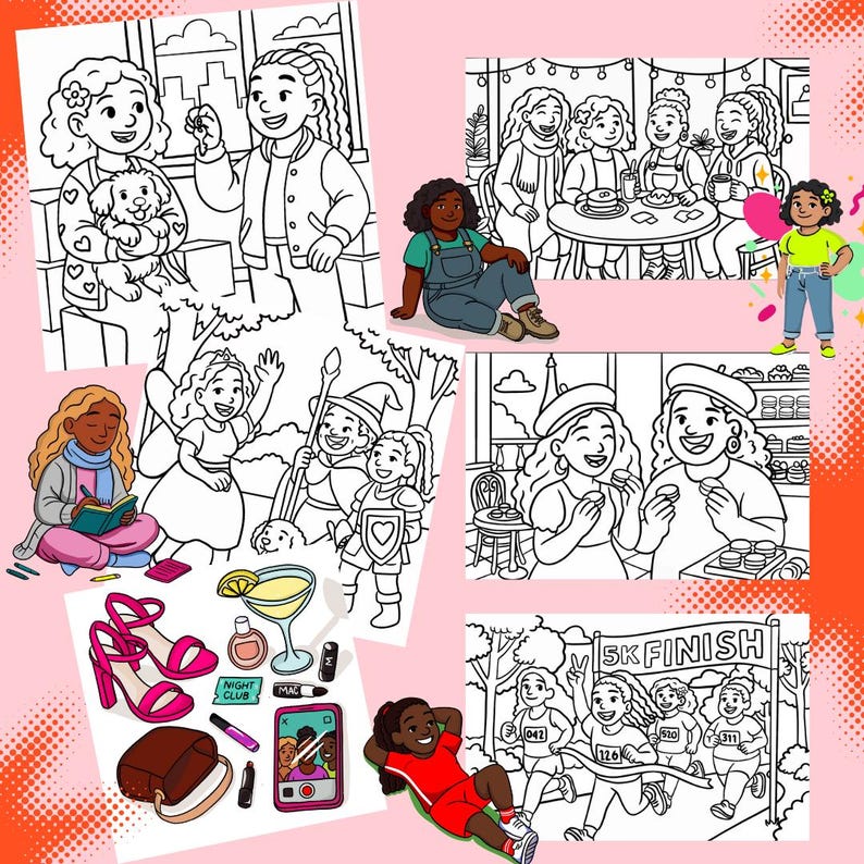 May include: A collection of black and white illustrations featuring various scenes of girls and women. The images include girls with a dog, at a cafe, writing in a notebook, in a fantasy setting, eating pastries, and running a race.