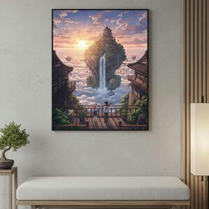 May include: Framed art print showing a fantasy landscape with a floating island, waterfall, and Japanese-style buildings. The artwork features a sunset with warm colours, a couple on a balcony, and a bonsai tree.