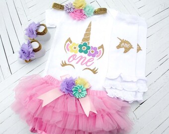 1st Birthday Unicorn Girl Outfit, Pastel Birthday Outfit, First Birthday Bodysuit, Cake Smash Outfit, Rainbow Unicorn, Light Pink Tutu Set