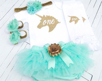 Mint and Gold Unicorn Birthday Outfit, 1st Birthday Girl Outfit, First Birthday Bodysuit, Mint Aqua Tutu Bloomer Photo Prop, Cake Smash