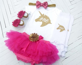 Hot Pink and Gold Unicorn Birthday Outfit, 1st Birthday Girl Outfit, First Birthday Bodysuit, Fuchsia Tutu Bloomer Photo Prop, Cake Smash