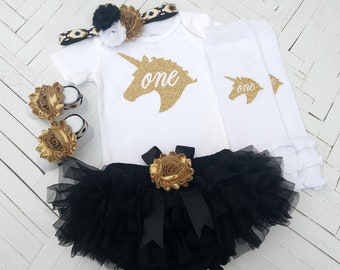 Black White and Gold Unicorn Birthday Outfit, 1st Birthday Girl Outfit, First Birthday Bodysuit, Black Tutu, Photo Prop, Cake Smash Set